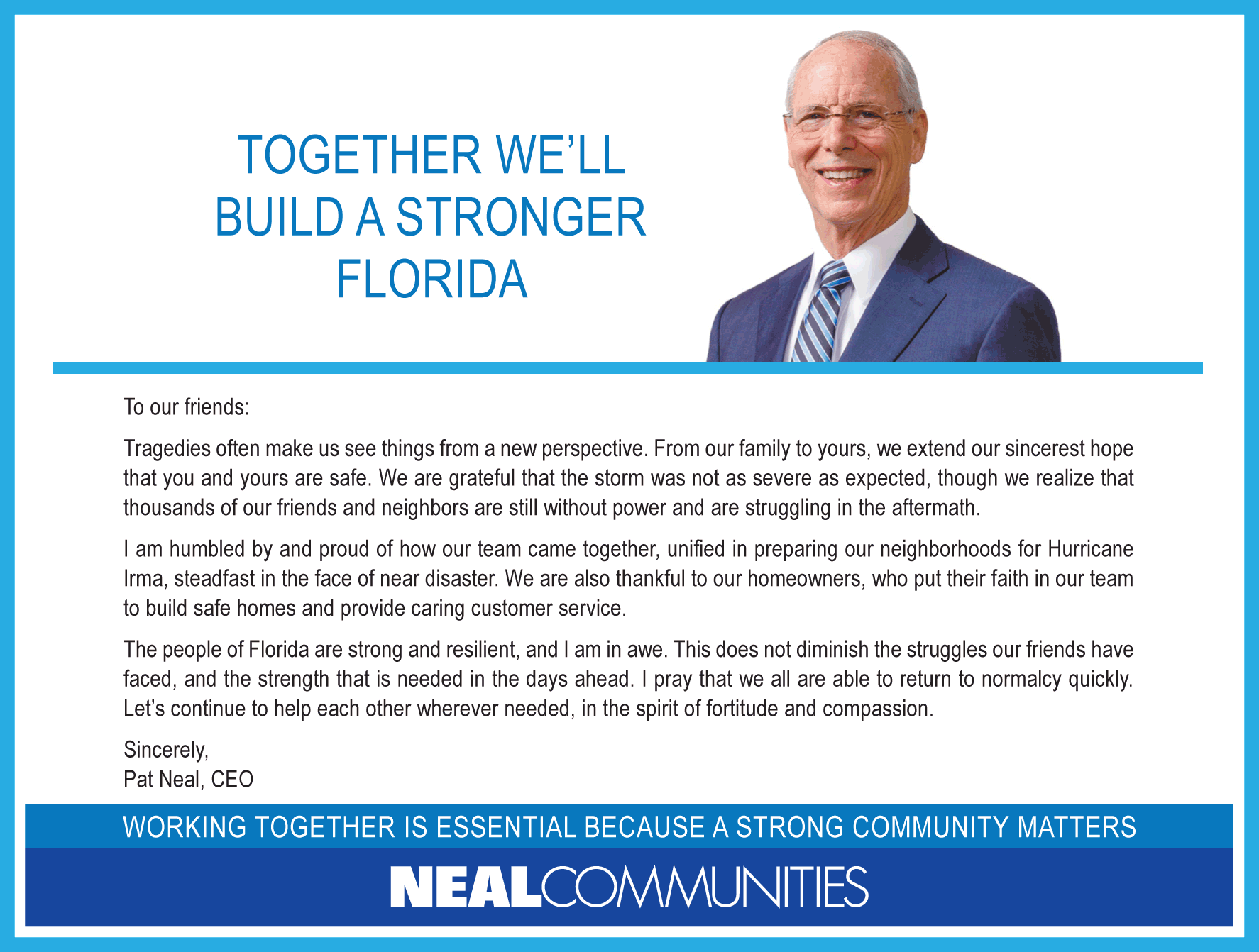 Message from Pat Neal on Hurricane Irma